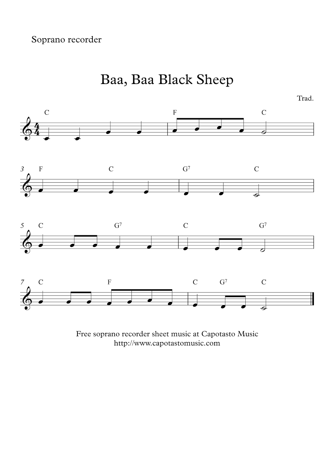 Free soprano recorder sheet music Baa, Baa Black Sheep