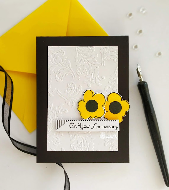 Uniko Ltd, floral card, Anniversary card, dry embossing, Quillish, Marimekko flowers, Uniko style stamp, Uniko pinstripe stamp,Time out challenges, clean and simple card, yellow and black card 