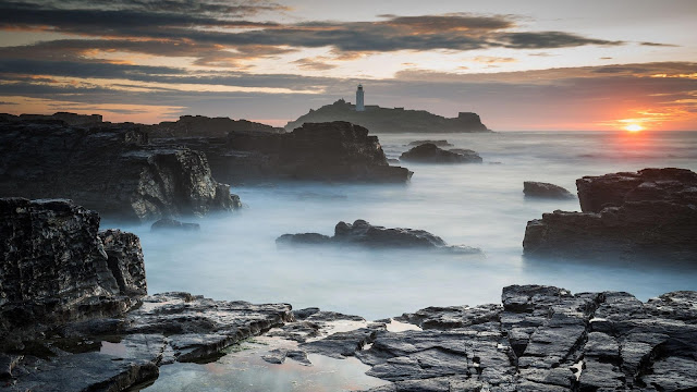 Sunset Sea Rocks Lighthouse View Wallpaper Sunset Sea Rocks Lighthouse View Wallpaper