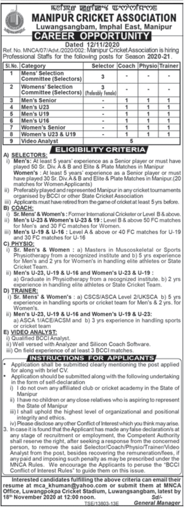Manipur Cricket Association Recruitment 2020 Apply 24 Vacancy for