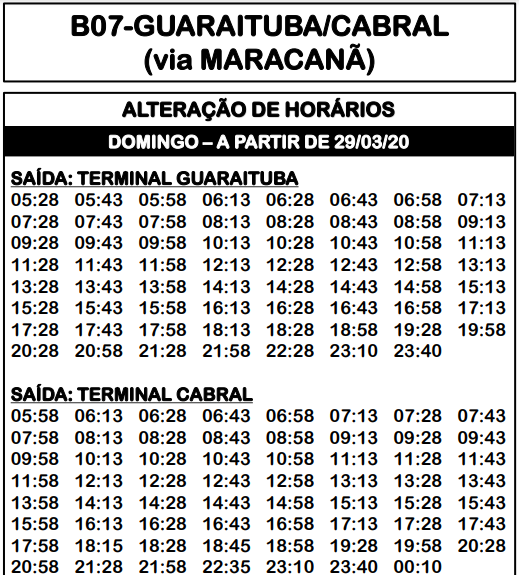 Horário de Ônibus Curitiba 2023 B07 GUARAITUBA / CABRAL (VIA MARACANA) Horário de ônibus 2021