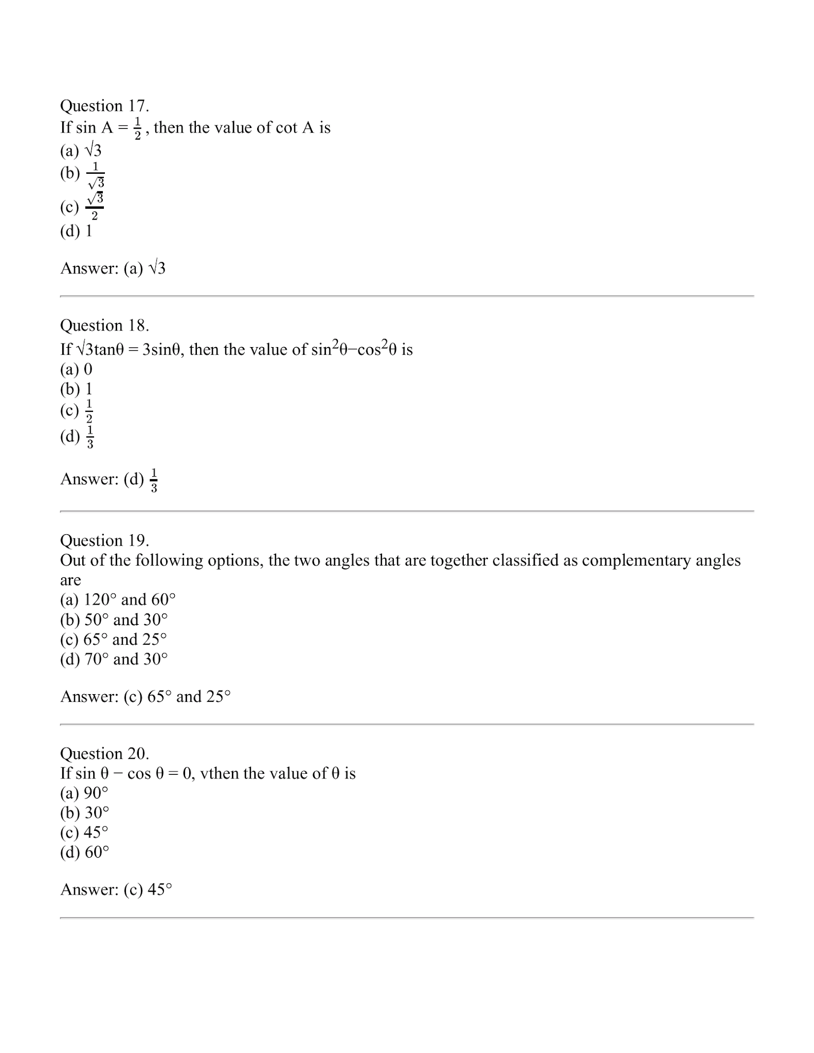 Introduction to Trigonometry MCQ's and Case Study