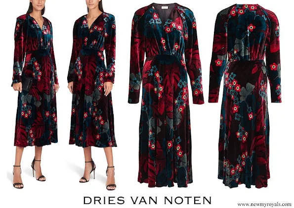 Queen Mathilde wore Dries Van Noten Depo Floral Long Sleeve Velvet Dress