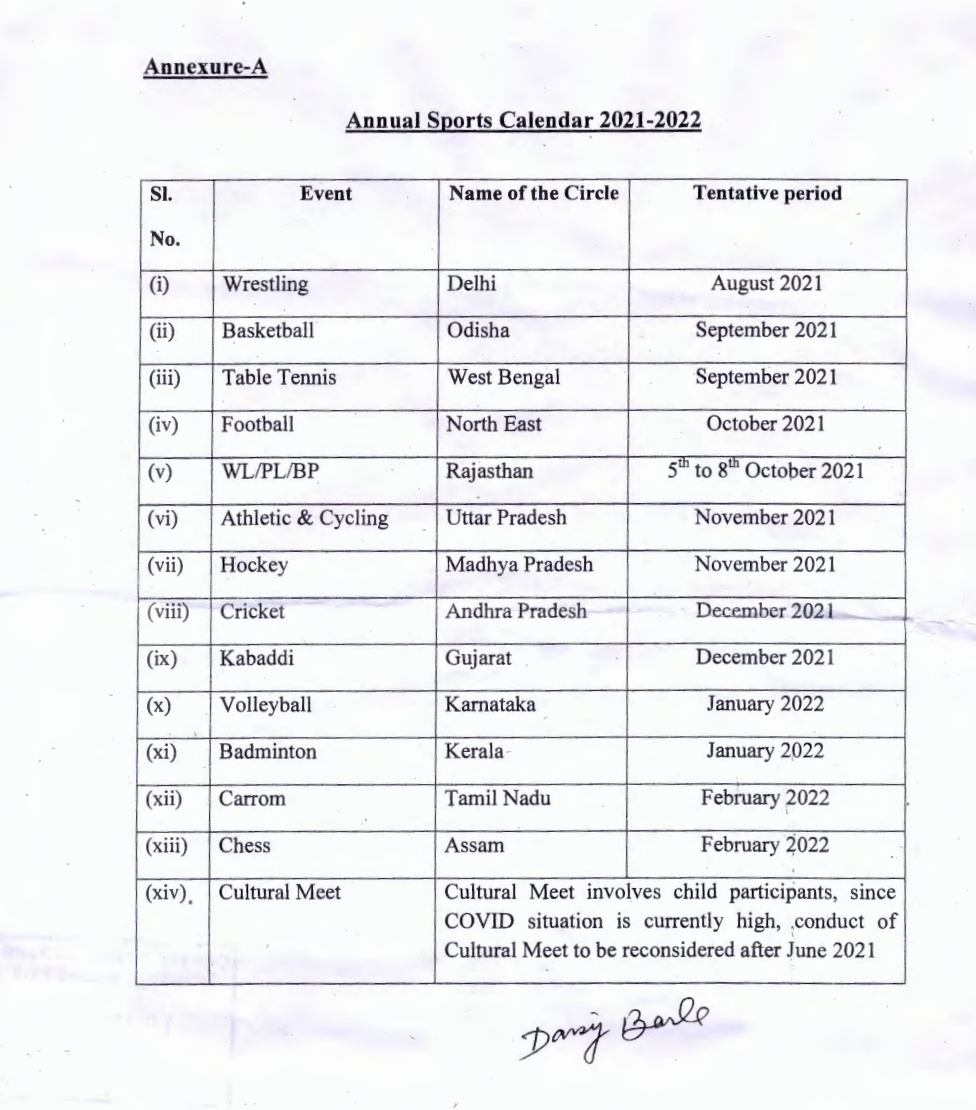 . Finalization of Annual Sports Calendar for the Year 202122