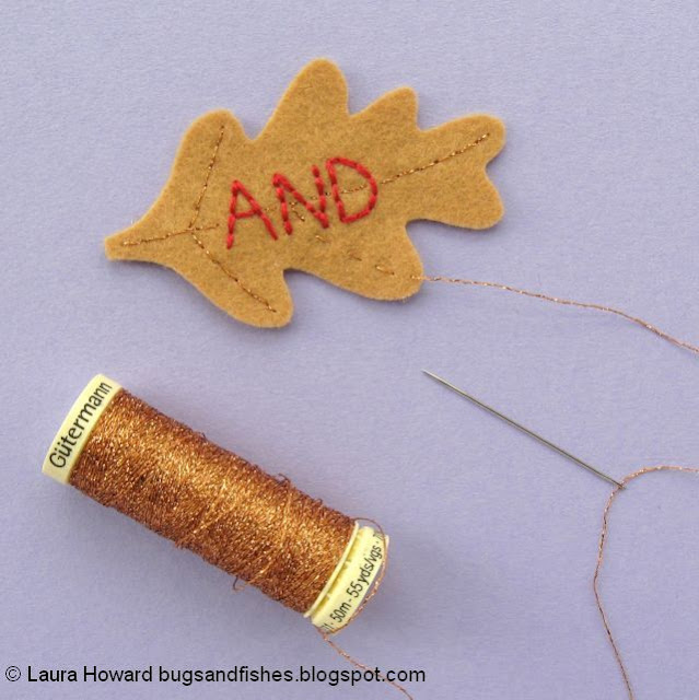 using metallic thread to embroider the oak leaf