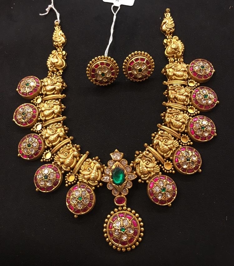 Peacock Bottu Necklace with Studs - Jewellery Designs