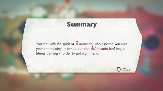 You met with the spirit of Armando, who assisted you with your arm training. It turned out that Armando had begun fitness training in order to get a girlfriend. Ring Fit Adventure World 22 Land of Hades Summary spirit Armando get a girlfriend