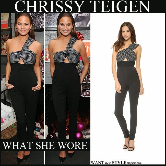 I Want Her Style What Celebrities Wore And Where To Buy It Celebrity Style What She Wore Chrissy Teigen In One Shoulder Check Print Black Jumpsuit In New York On November