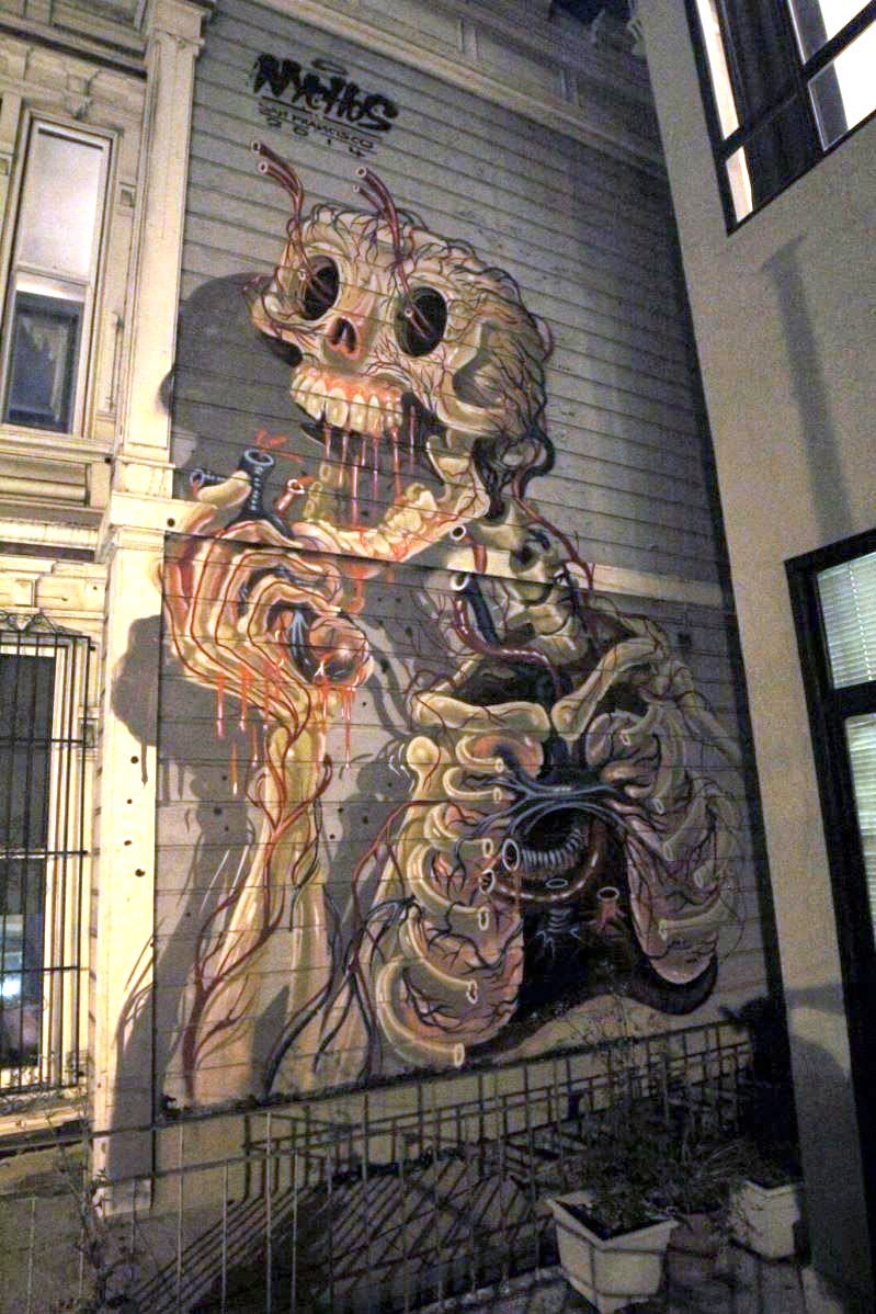 Nychos is still in San Francisco, USA where he just finished working on this new "Skeleteon" mural for Upper Playground and Fifty24SF.