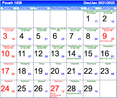 Bengali Calendar Poush 1428 - December/January 2021/2022