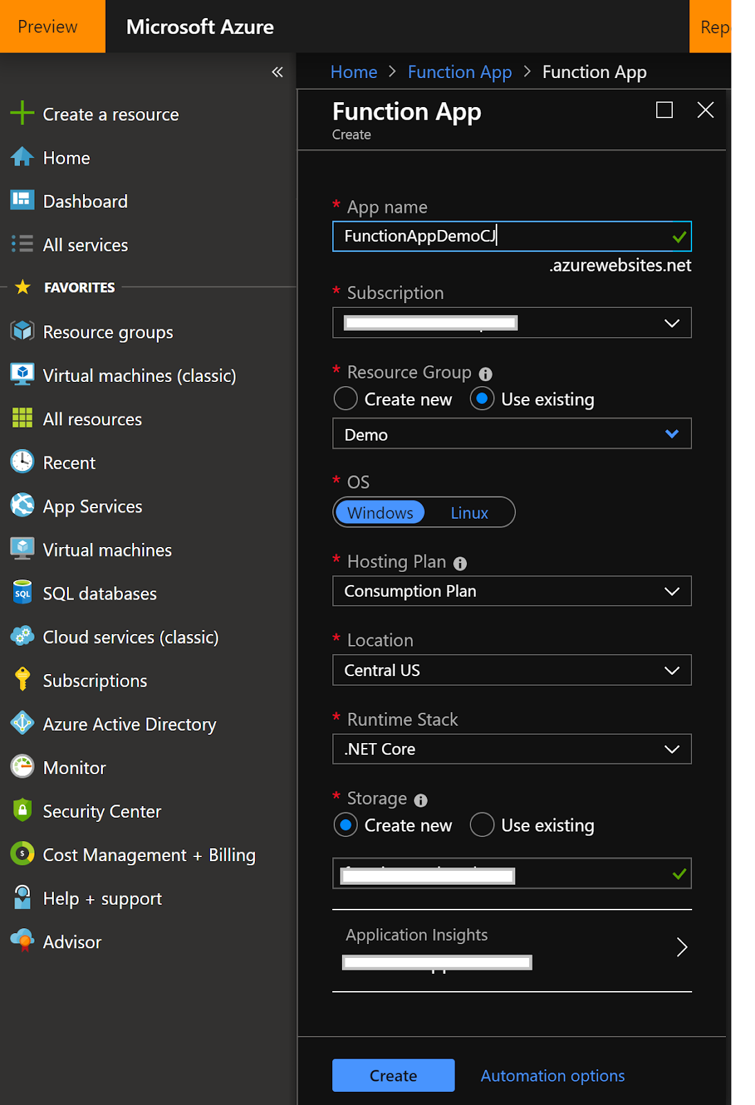 Creating Azure Function App in Azure Portal