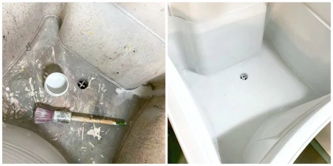 Before and after of a painted slop sink