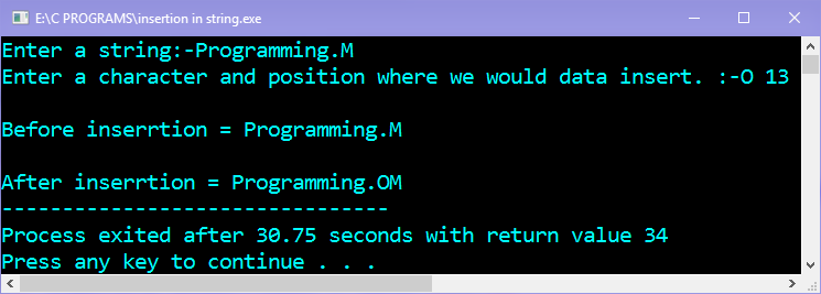 Program in C to insert a character in string at given position