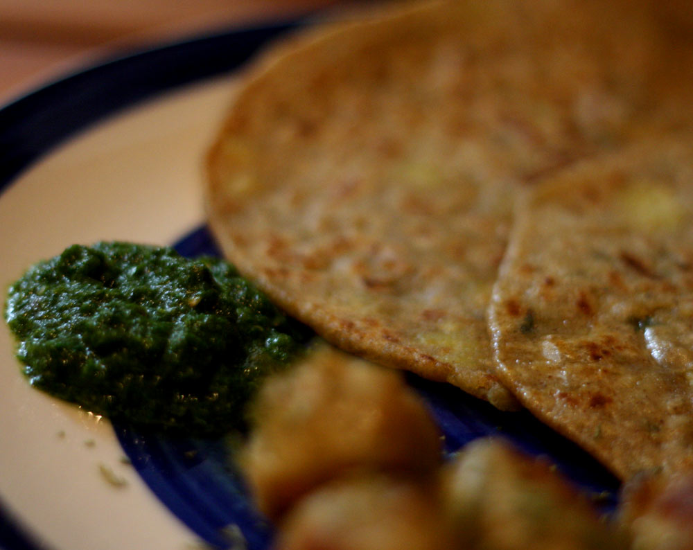 Chakkha Mittha Aloo paratha and Egg Curry with Green Chutney