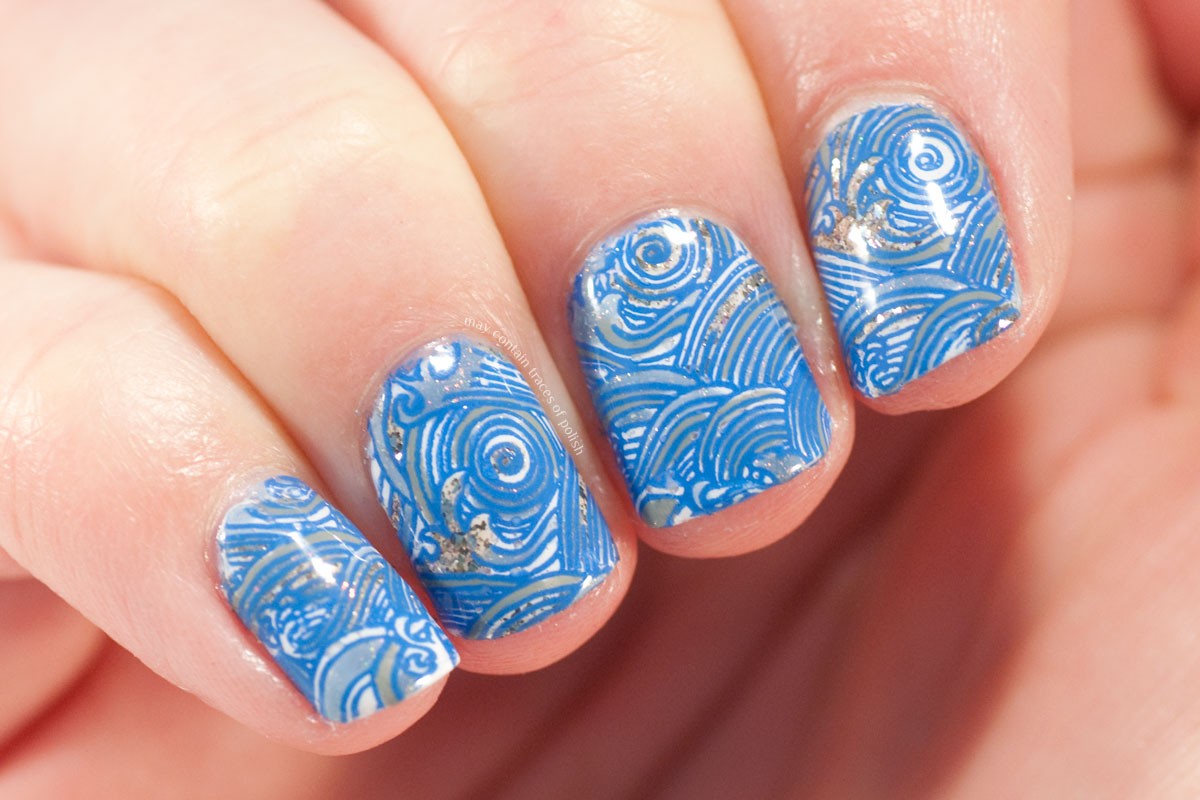 Ocean waves nail art with Petla plates stamping design