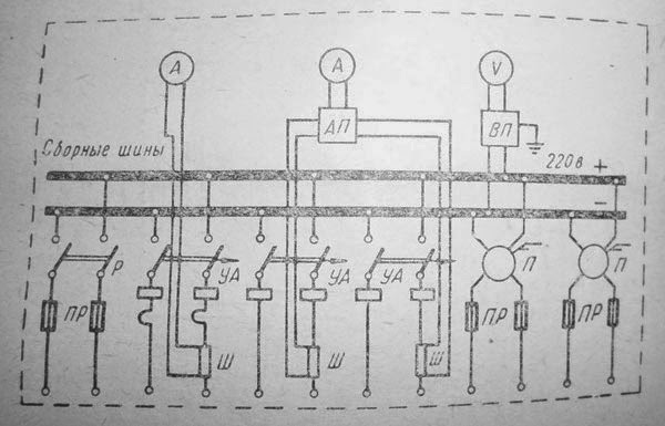 Принципиальная схема распределительной панели постоянного тока