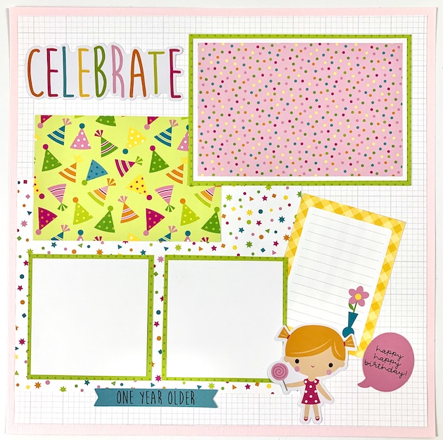 12x12 Birthday Girl Scrapbook Layouts with party hats, dots, and balloons