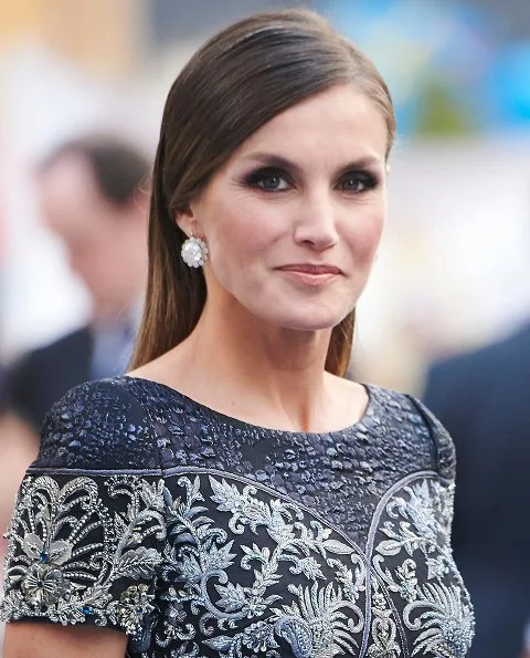 King Felipe and Queen Sofia at Princess of Asturias Awards 2018 ceremony. Queen Letizia wore Felipe Varela dress and Magrit pumps