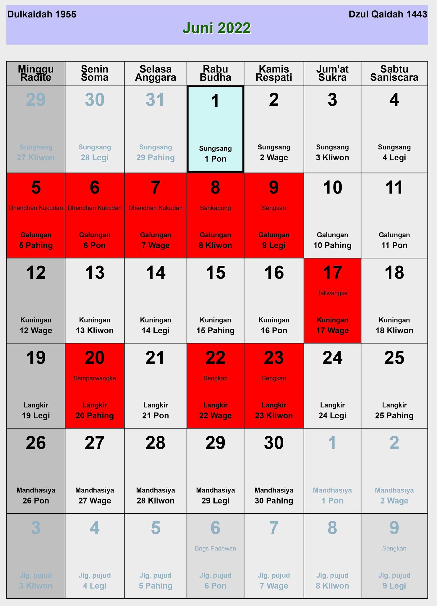 Kalender Jawa Juni 2022 Lengkap Hari Baik & Buruk  Enkosa.Com