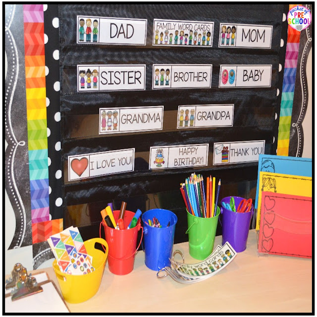 Writing center freebies perfect for preschool, pre-k, and kindergarten (family word cards, event word cards, and fancy writing paper). Fun for a back to school, family theme, or post office theme!