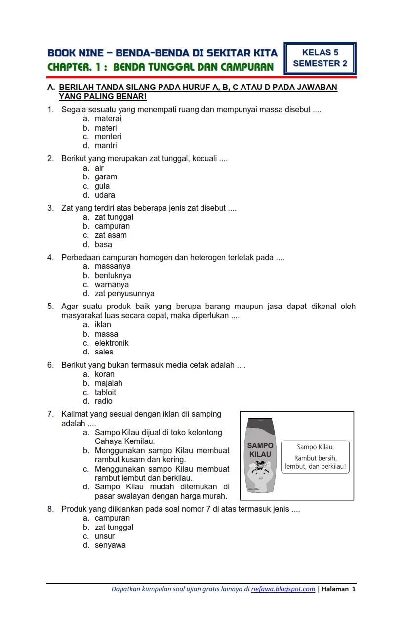 Download Soal Tematik Kelas 5 Semester 2 Tema 9 Subtema 1