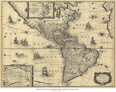 Mapa de América por el cartógrafo Jodocus Hondius, realizado c.1640 m. 5965 X 4528 px, p. 9.6 MB