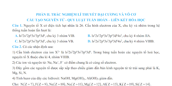 Trắc nghiệm lý thuyết HÓA ĐẠI CƯƠNG & VÔ CƠ 10 - 11 - 12 (có lời giải)