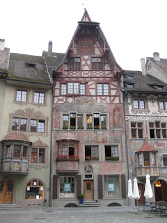 Cluster of tall, frescoed buildings, Stein am Rhein, Switzerland.