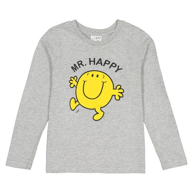 A long sleeved grey t-shirt with Mr. Happy on it.