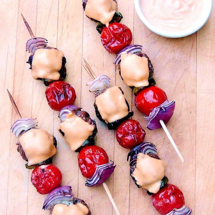 This cheeseburger kabob recipe is fun for the whole family.  Low-carb and keto friendly, this easy to make recipe is sure to be a hit! Who doesn't love tasty food on a stick? #beef #keto #lowcarb #lchf #bbq #grilled #easy #kabob #kebab #recipe | bobbiskozykitchen.com