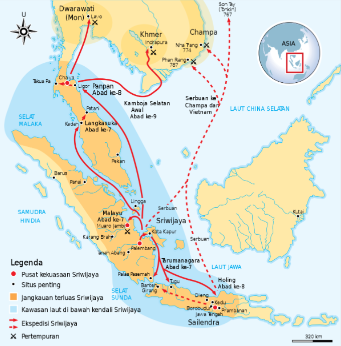 7. Buatlah peta daerah pengaruh kekuasaan Kerajaan Sriwijaya!
