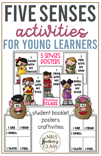 Five Senses unit with activities, student booklets, craftivities featuring Mr Potato Head, worksheets, & posters for the 5 senses for Kindergarten & First Grade