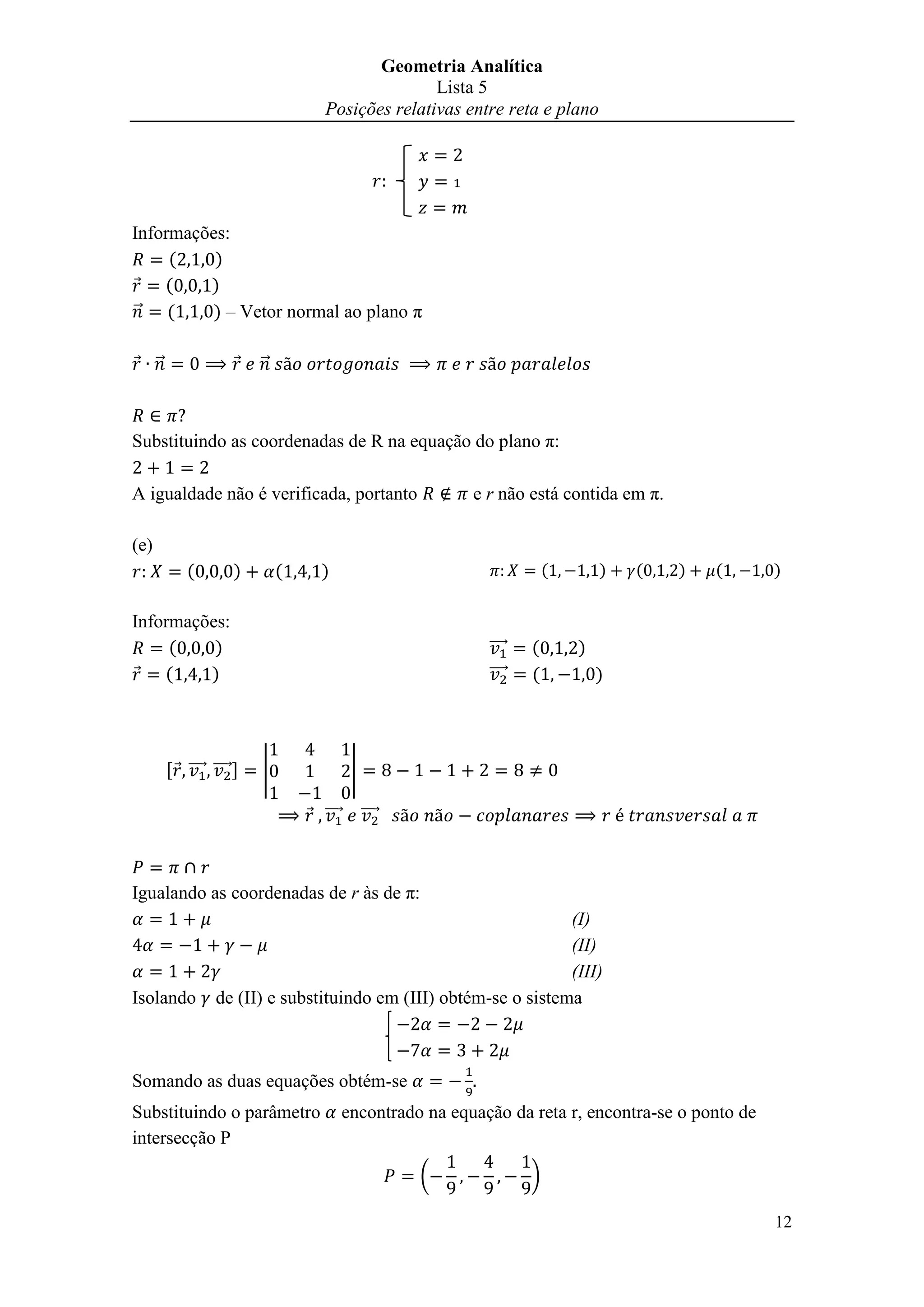 Lista de Exercícios sobre posição relativa entre reta e plano