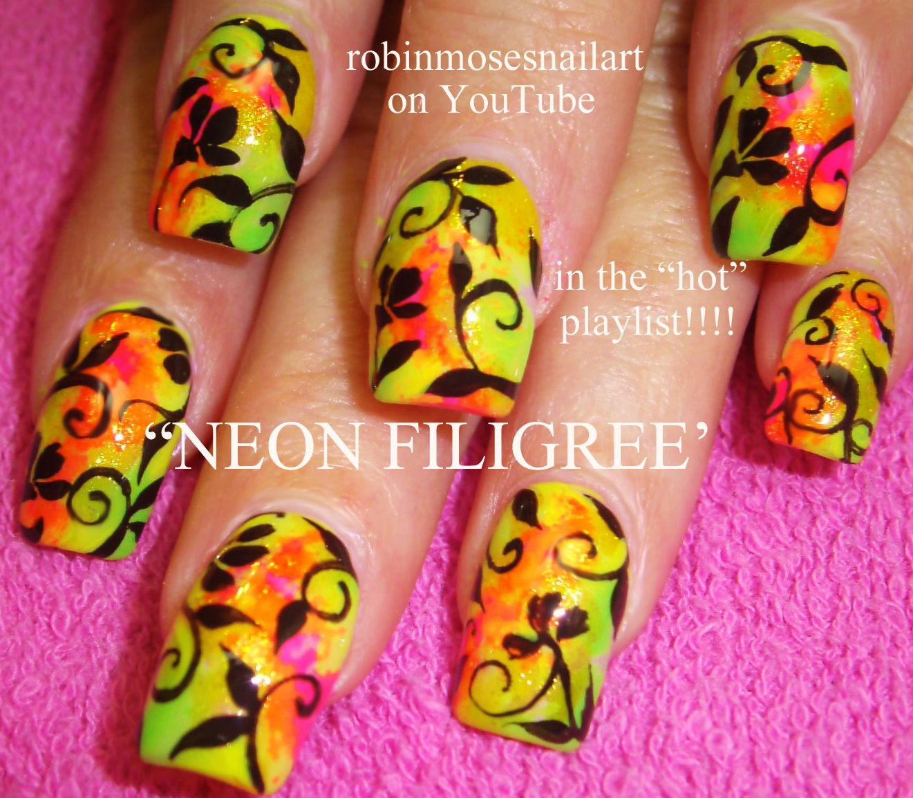 Nail Art by Robin Moses neon nail art, neon filigree nails, neon pink