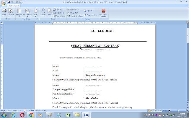 Surat perjanjian kontrak kerja guru/karyawan sekolah