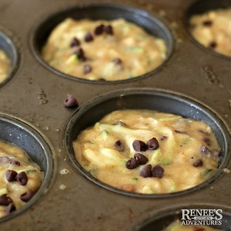 Chocolate Chip Zucchini Muffins by Renee's Kitchen Adventures overhead view of batter in wells of muffin tin ready to bake