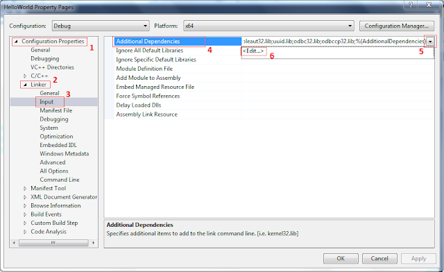 Opening the Dialog box to update the Additional Dependencies of the Visual Studio Project Opening the Dialog box to update the Additional Dependencies of the Visual Studio Project