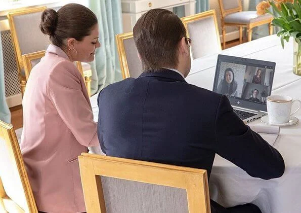 Crown Princess Victoria wore Filippa K pink blazer and trousers suit and silk blouse. Prof. Lars Trägårdh. Swedish Institute