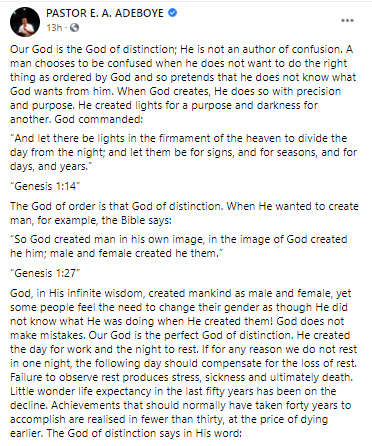 God does not do mistakes creating humans- Pastor Adeboye tells transgenders