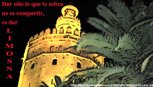 ilustracion de torre del oro de sevilla con frase de cancion de alejandro sanz referente a limosnas