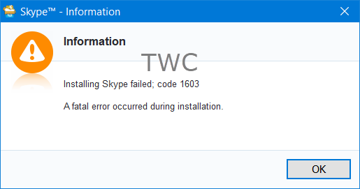 Сбой установки Skype с кодом ошибки 1603