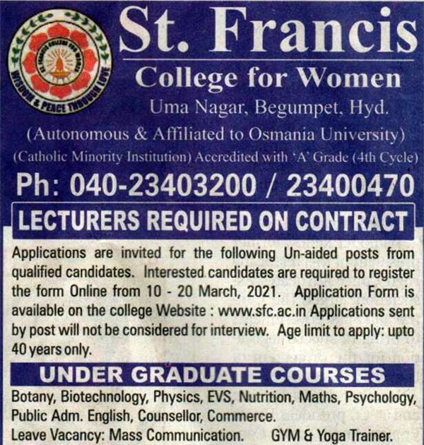 St. Francis Hyderabad Botany/Biotech Lecturer Jobs 2021 March
