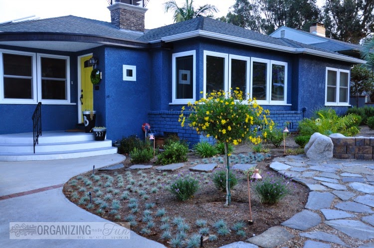 Yellow front door of Organizing Made Fun's home tour