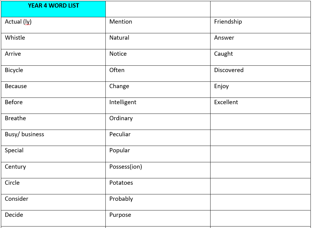 Year 4 spelling test picture