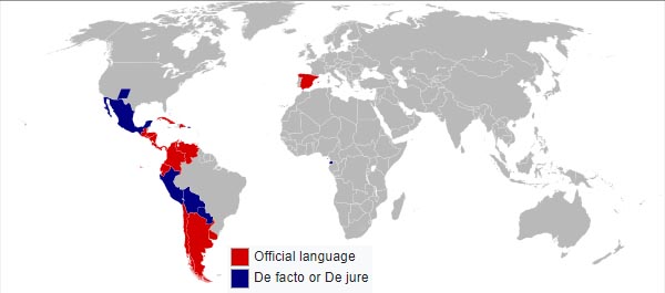 world map showing countries where Spanish is spoken