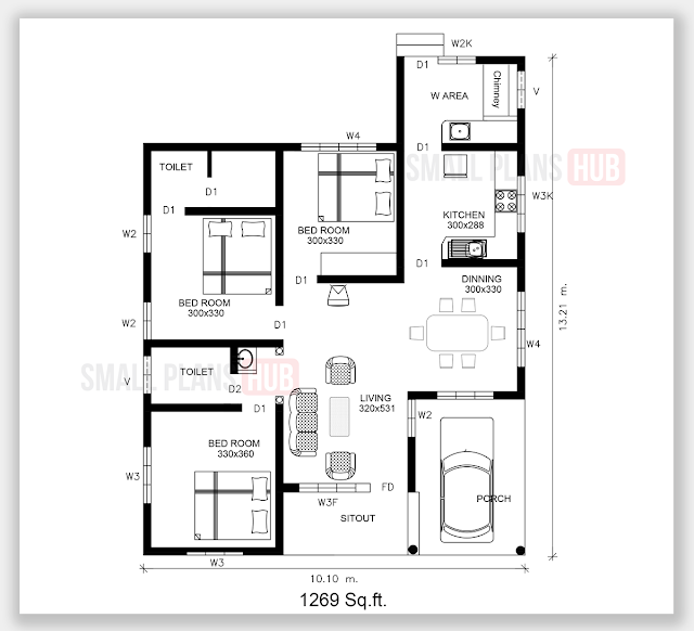 3 BHK single floor 1269 sq.ft. plan