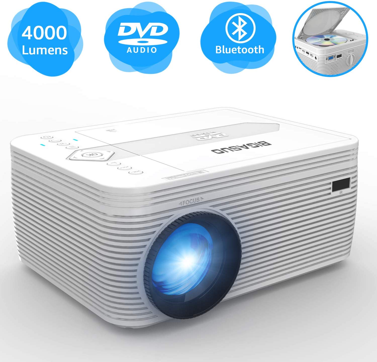 BIGASUO Projector with DVD Player , Portable Bluetooth Projector 4000