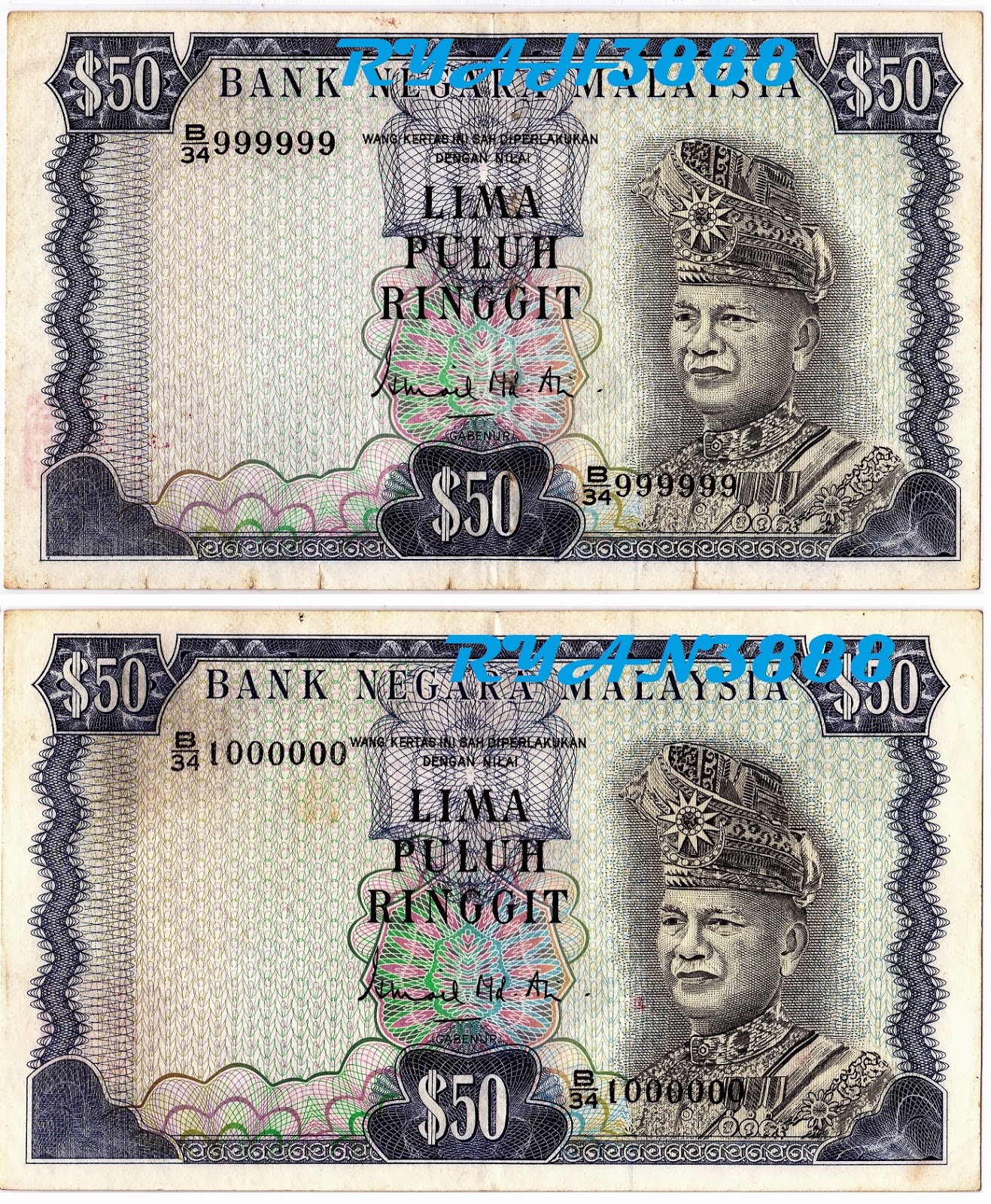 RYAN3888 BANKNOTE: MALAYSIA RM50 3RD SOLID9 10 VF SCARCE