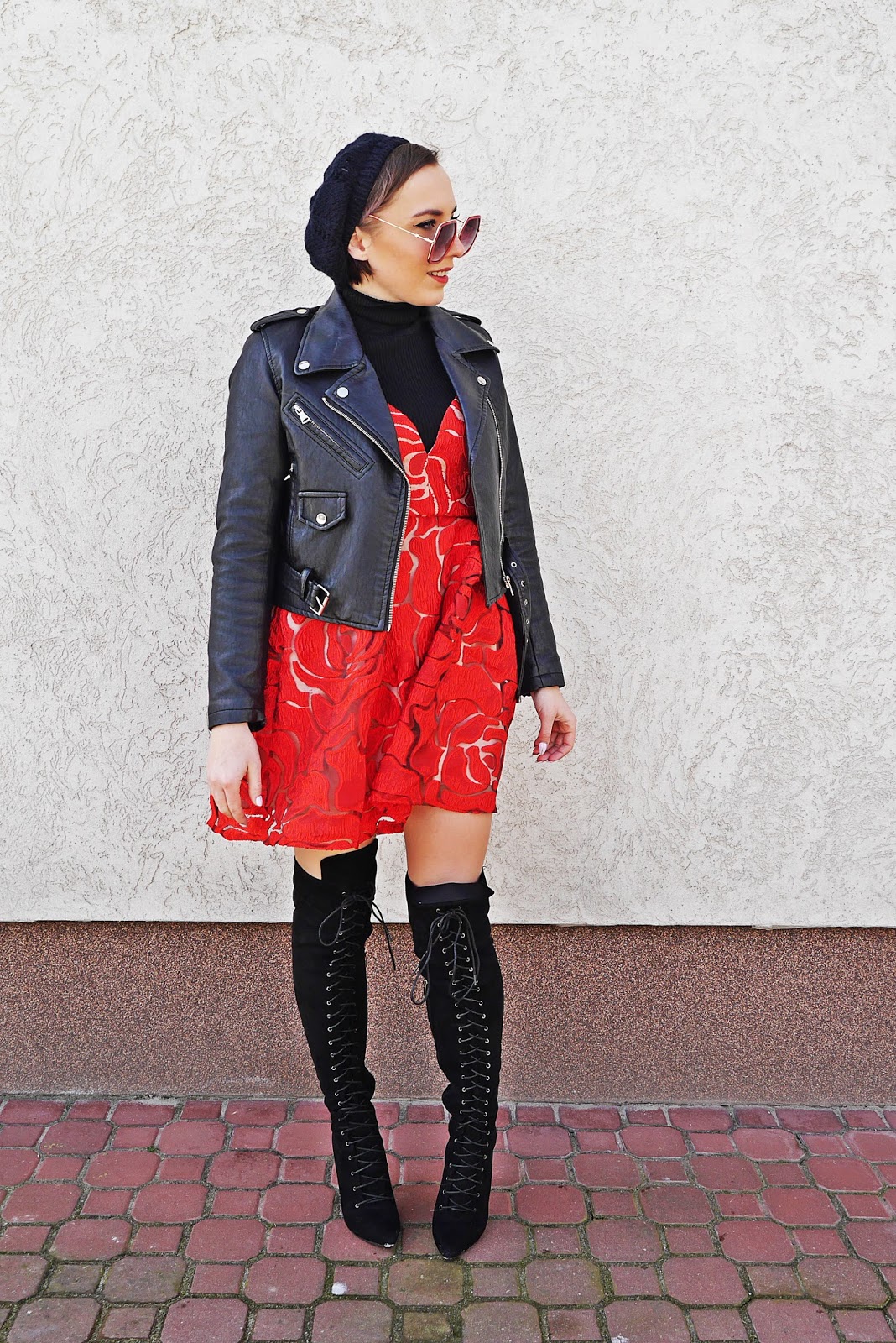red dress roses biker jacket leather karyn blog modowy