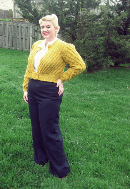 1940s plus size pants and free knitting pattern for 1946 date maker cardigan